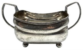 George III Irish silver 2 handled rectangular sugar bowl with monogram and engraved decoration on ba