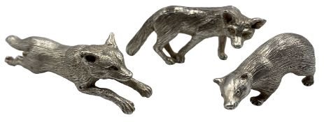 Three novelty silver animals modelled as a badger and two foxes by Sarah Jones