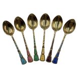 Set of six silver gilt and coloured enamel coffee spoons Birmingham 1953 Maker Walker & Hall