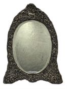 Edwardian silver frame dressing table mirror with oval bevelled plate and embossed frame on easel st