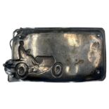 WMF pewter rectangular shallow dish with a raised pattern of a vintage car and driver raised on shor
