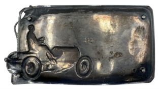 WMF pewter rectangular shallow dish with a raised pattern of a vintage car and driver raised on shor