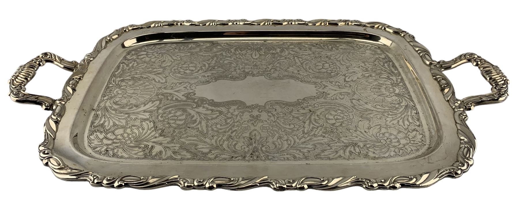 Oneida silver-plated twin handled tea tray with floral engraved decoration and scroll moulded border - Image 3 of 3
