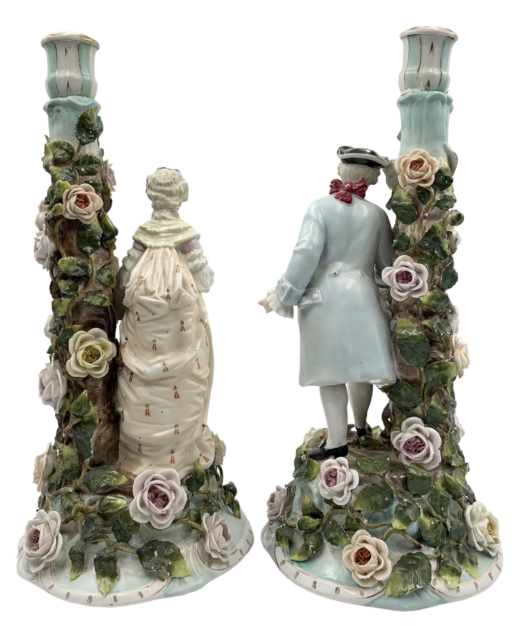 Pair of late 19th/ early 20th century Sitzendorf candlesticks modelled as a galllant and his lady an - Image 2 of 4