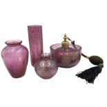 Five pieces of Royal Brierley pink lustre glass to inlude an atomizer of compressed circular form