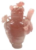 Late 19th/ 20th century Chinese rose quartz vase and cover carved with bird and flowers H19cm