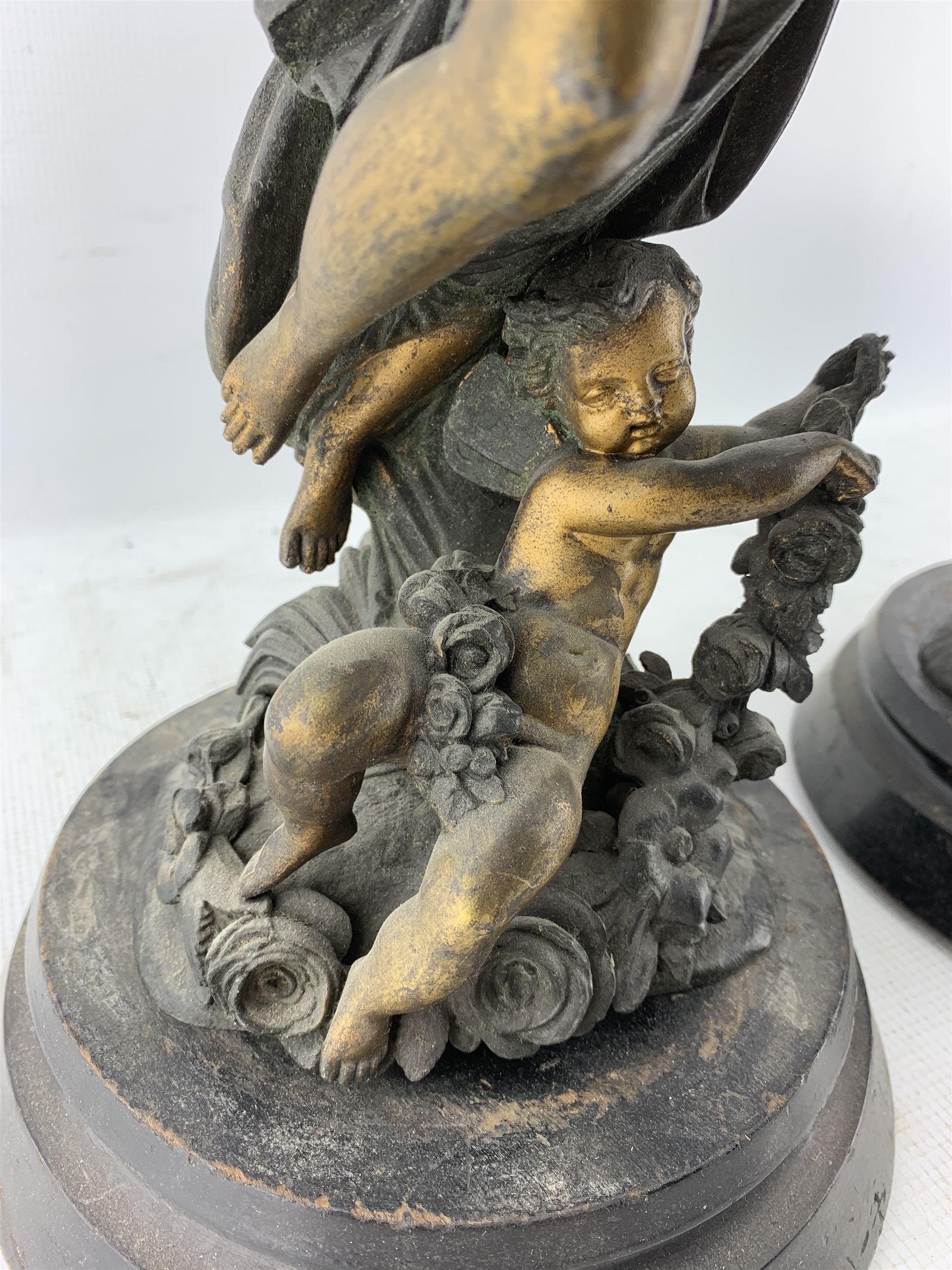 Pair of 19th century gilded spelter classically draped female figures with cherubs at their feet on - Image 3 of 3