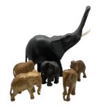 Large ebonised African elephant with bone tusks and raised trunk H66cm and five smaller African and