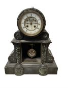 French - 19th century drum head Belgium 8-day slate mantle clock with incised rolled supports and br