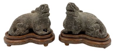 Pair Chinese carved stone mythical dragons