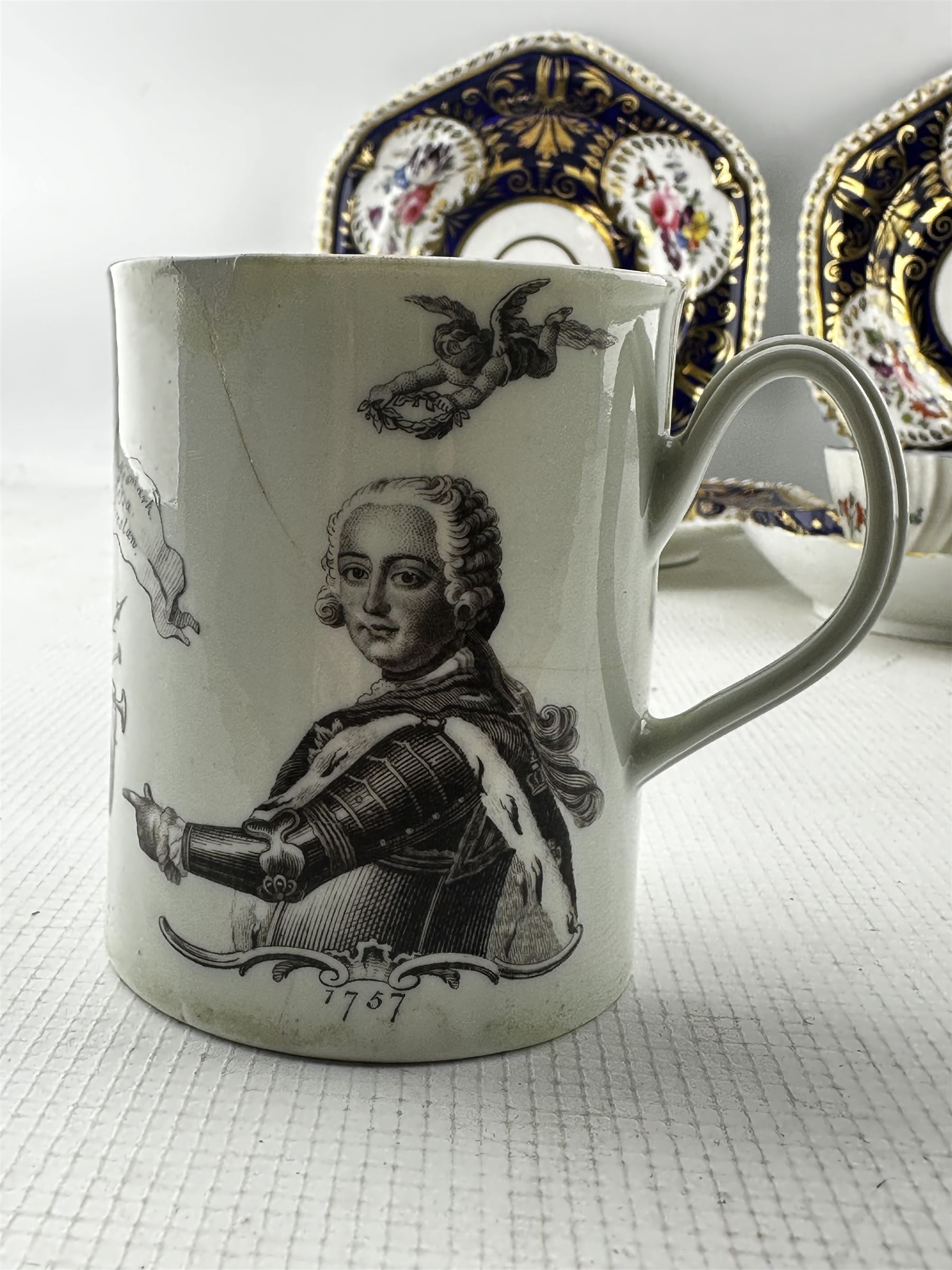 18th century Worcester mug printed in black with a head and shoulders portrait of Frederick II of Pr - Image 5 of 6