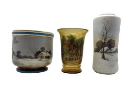 North European cylindrical vase painted with a Winter landscape H29cm