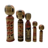 Five Vintage Japanese wooden Kokeshi dolls