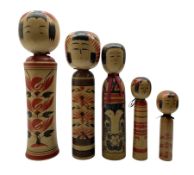 Five Vintage Japanese wooden Kokeshi dolls