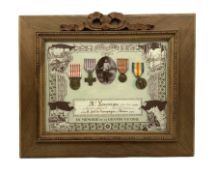 French framed World War I memorial to Jean Louis Lauvergne comprising War Medal