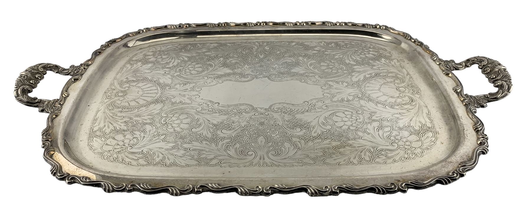 Oneida silver-plated twin handled tea tray with floral engraved decoration and acanthus moulded bord - Image 3 of 3