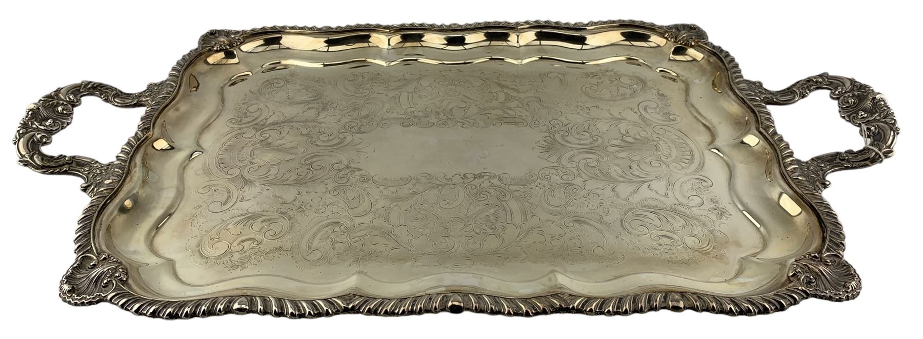 20th century two-handled silver-plated tea tray with floral engraved decoration and gadrooned shell - Image 3 of 3