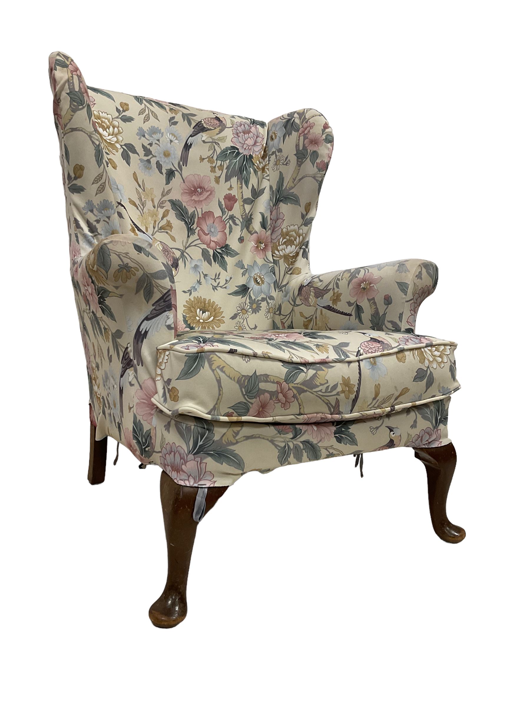 Parker Knoll - wingback armchair upholstered in crimson patterned fabric - Image 2 of 4