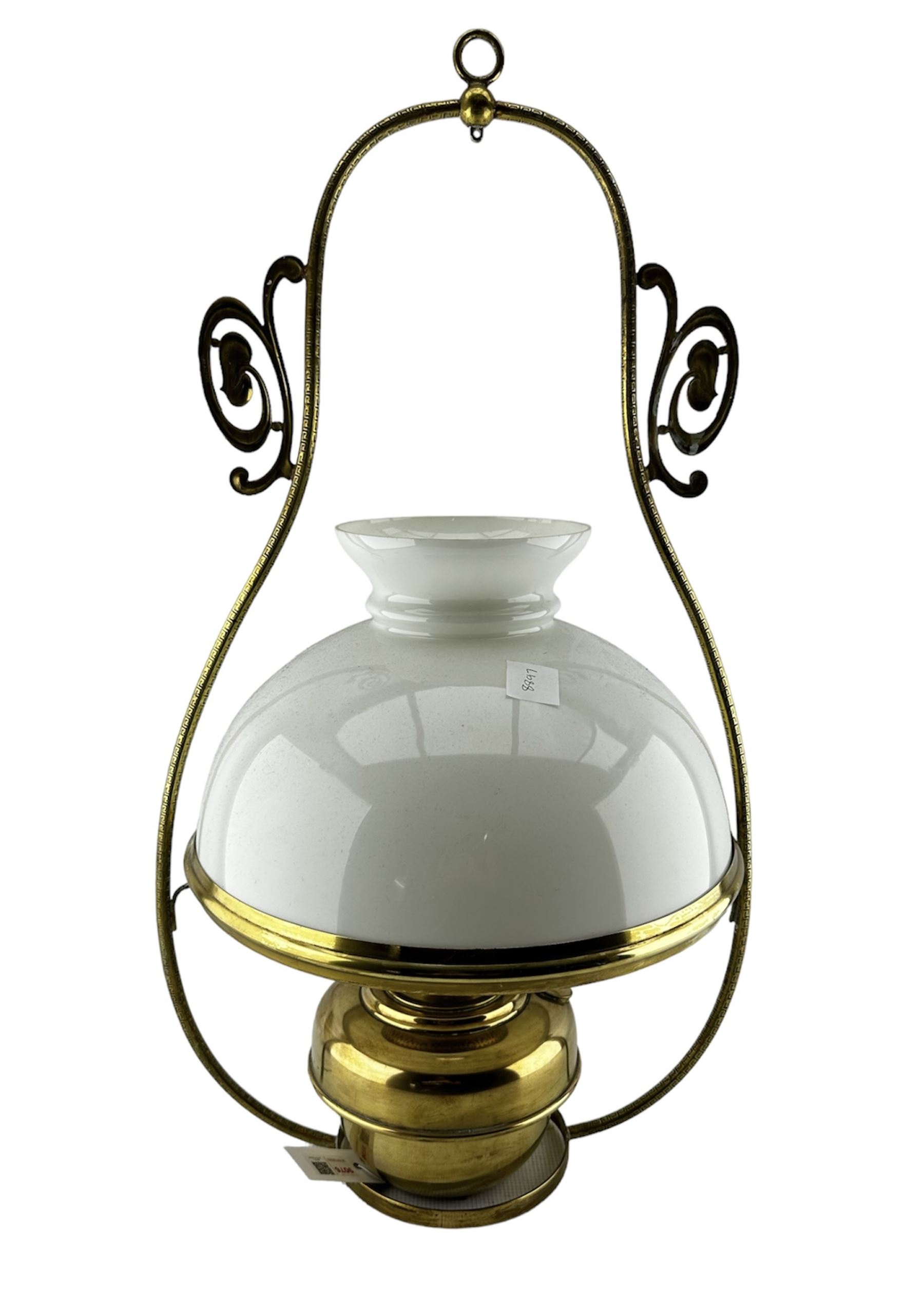 Brass effect hanging oil lamp with shade and chimney