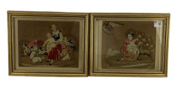 Pair of Victorian petit point needlework panels of children