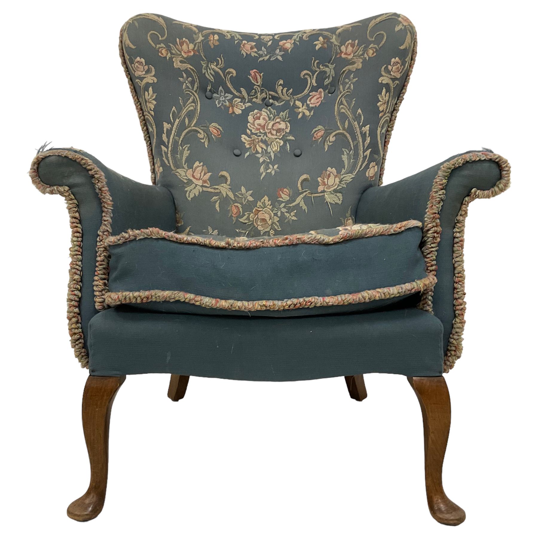 Early 20th century Queen Anne design upholstered wingback armchair