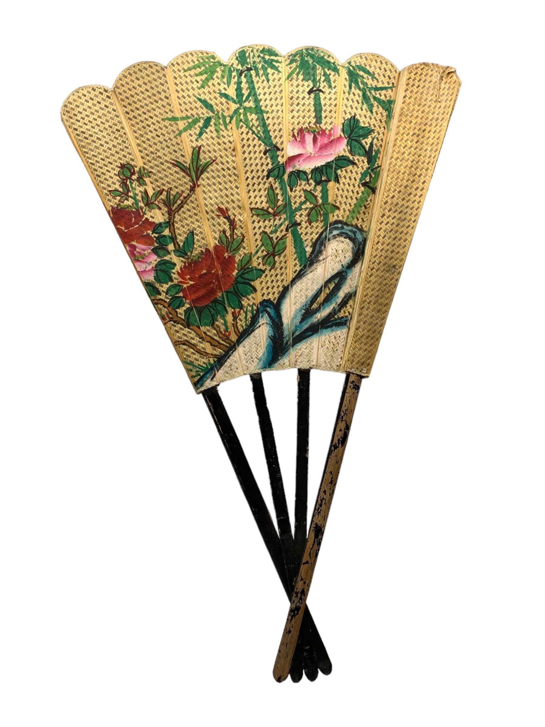 Large Chinese ornamental fan with painted decoration H130cm