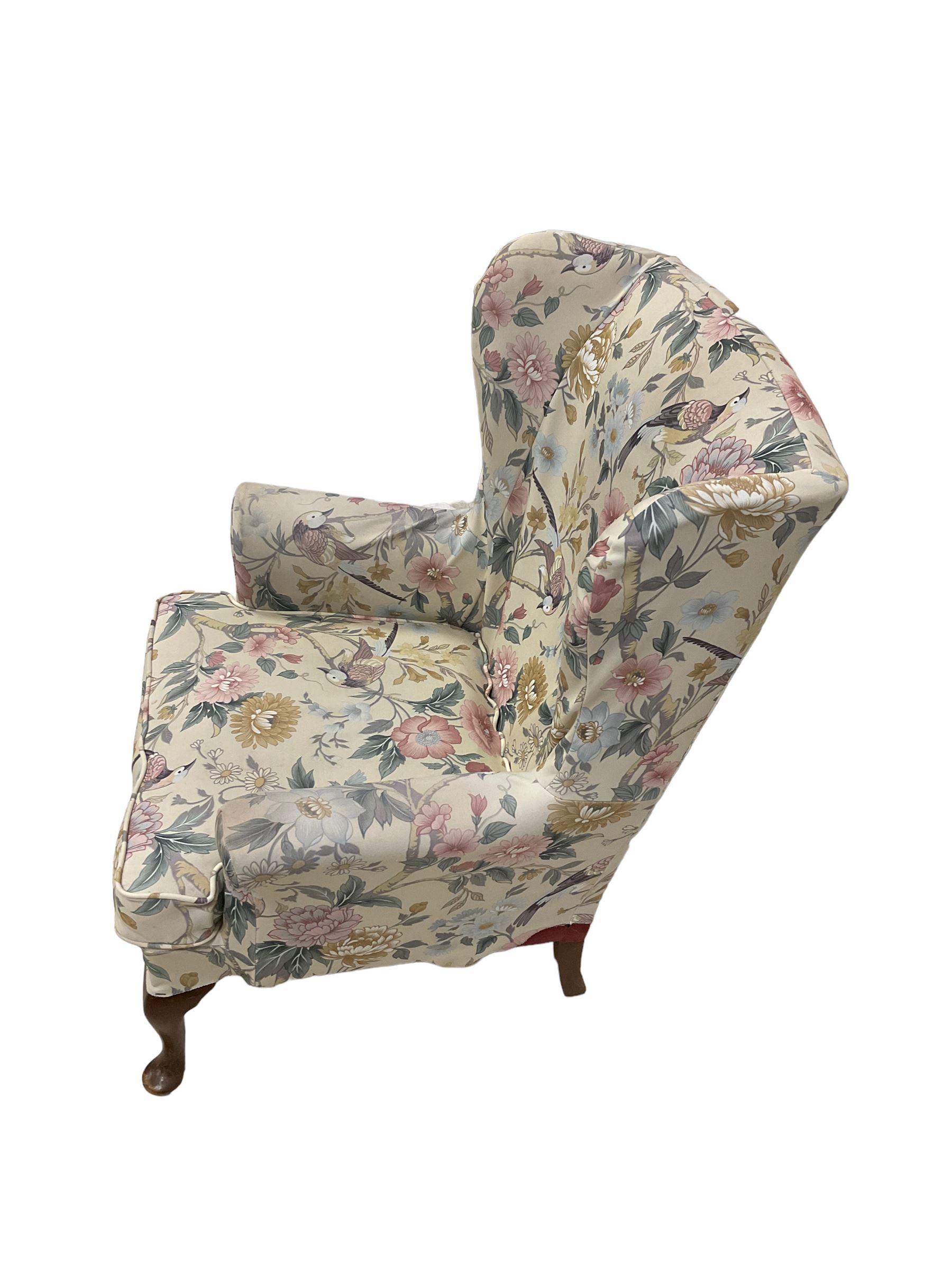 Parker Knoll - wingback armchair upholstered in crimson patterned fabric - Image 3 of 4