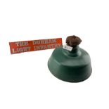 Vintage green enamel industrial light shade D41cm and reproduction 'The Durham Light Infantry' plaqu