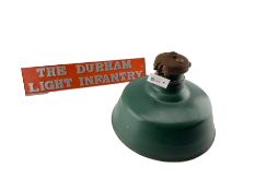 Vintage green enamel industrial light shade D41cm and reproduction 'The Durham Light Infantry' plaqu