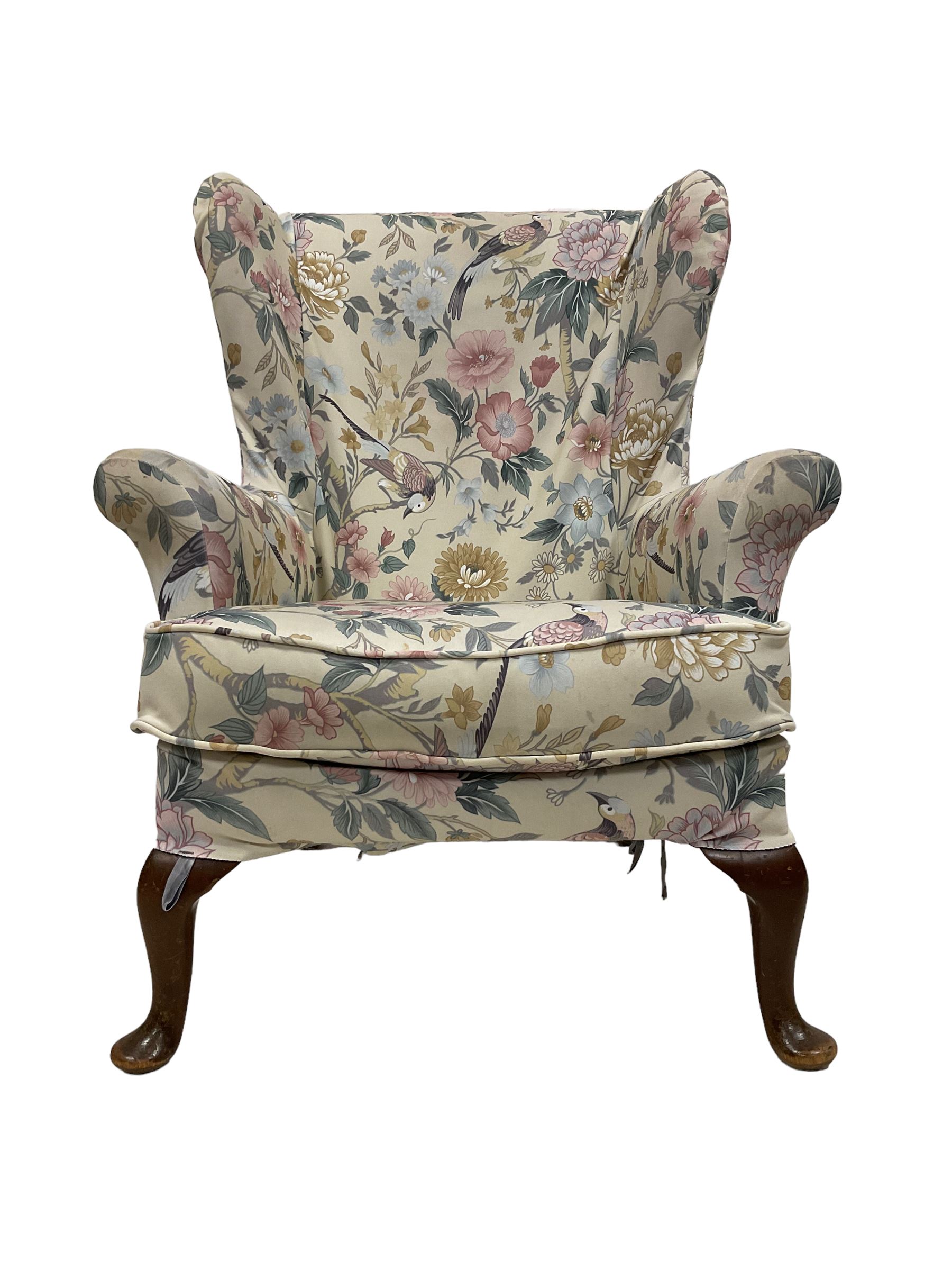 Parker Knoll - wingback armchair upholstered in crimson patterned fabric