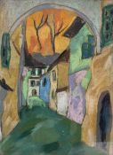 Clarette Wachtel (Romanian 1926-2011): Abstract Street Scene at Sunset