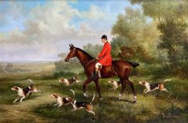 After Benjamin Lander (American 1842-1915): Fox Hunting Scene with Bay Thoroughbred and Hounds