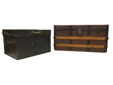Early 20th century wood and metal bound traveling trunk (W77cm D42cm H40cm); and a small black paint