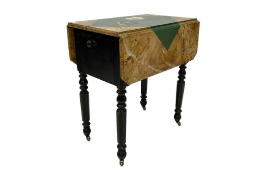 Victorian ebonised drop-leaf pot cupboard with later trompe l'oeil painted top - Image 2 of 9