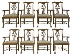 Set eight light oak Chippendale design carver dining chairs