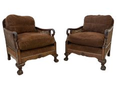 Pair early 20th century walnut bergere armchairs