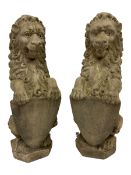 Pair cast stone seat lions