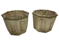 Pair weathered composite stone garden planters