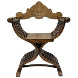 19th century Italian Sorrento style x-framed throne chair or Savonarola chair