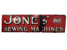 Victorian enamelled steel advertising sign 'Jones' Sewing Machines' by Royal Warrant to her Majesty