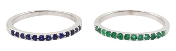 Two 18ct white gold sapphire and emerald half eternity rings