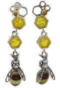 Pair of silver Baltic amber honey bee pendant stud earrings
