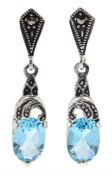 Pair of silver marcasite and blue stone set earrings