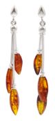 Pair of silver amber leaf pendant stud earrings