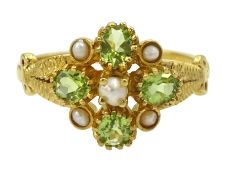 Silver-gilt peridot and pearl cluster ring