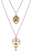 Early 20th century 15ct gold garnet and pearl heart pendant and a 9ct gold pink stone set pendant
