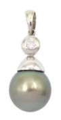 18ct white gold Tahitian pearl and round brilliant cut diamond pendant