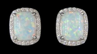 Pair of silver rectangular opal and cubic zirconia stud earrings