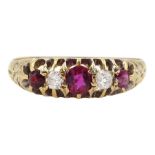 Edwardian 18ct gold five stone ruby and diamond ring