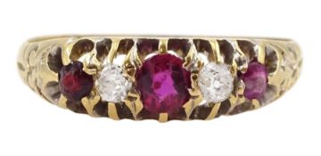 Edwardian 18ct gold five stone ruby and diamond ring